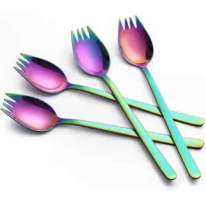 Sporks, 4-pack 18/10 Stainless Steel Sporks 7.4 Inches Long Handle Dessert Spoons Ice Cream Spoons Salad Forks Flatware Set Reusable Fruit Appetizer Dessert Forks for Household Use or
