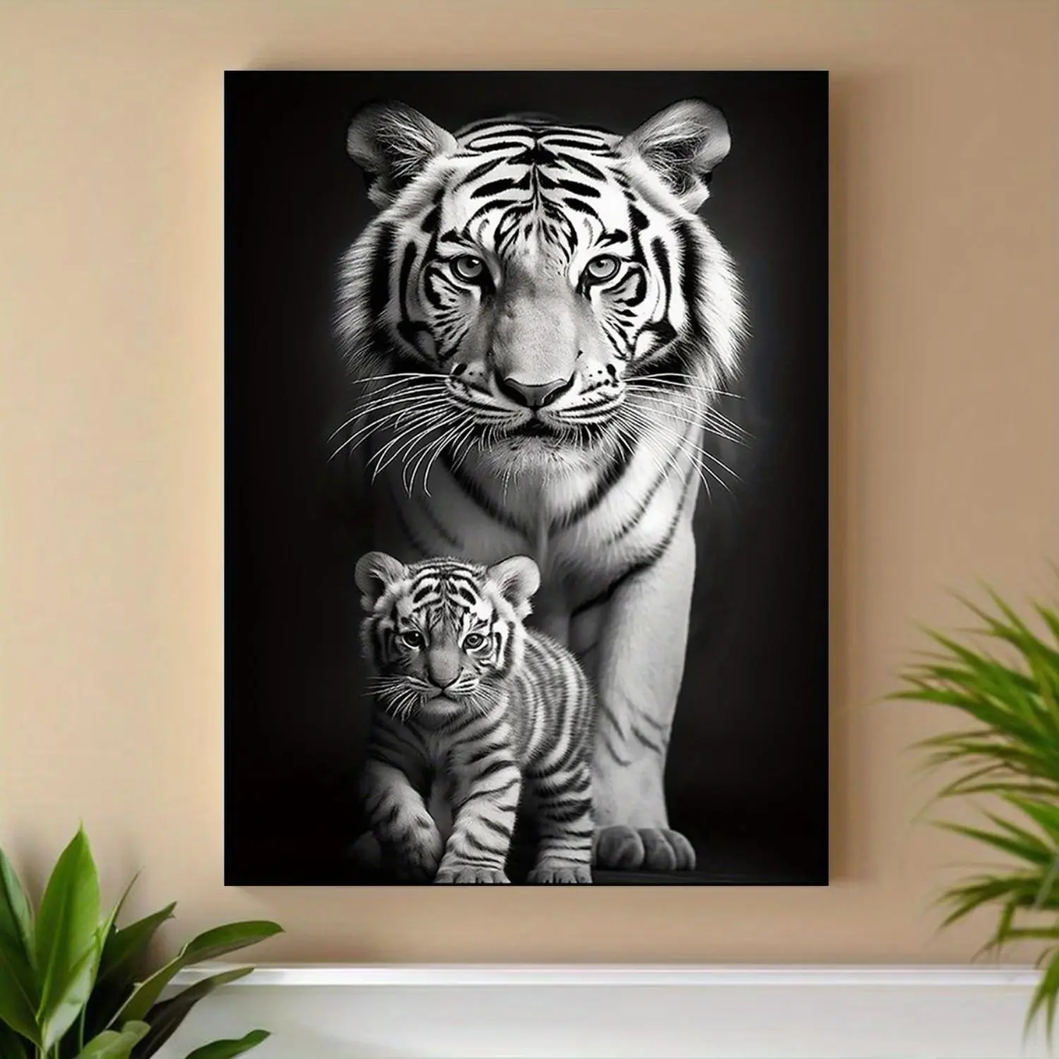 2D Flat, 1pc Canvas Painting, Black and White Tiger with Cub, Fun, Inspirational, Creative Wall Decor for Home, Bedroom, Living Room, Kids' Room, Farm, Hotel, Cafe, Room Artwork, Canvas Wall Art Poster, Unframed