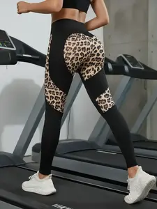 Women's High-Waisted Yoga Pants, Colorblock Mesh Leopard Print, Slim-Fitting Workout Bottoms, Gym Workout Leggings, Comfortable Stretch Fabric, Breathable Leggings