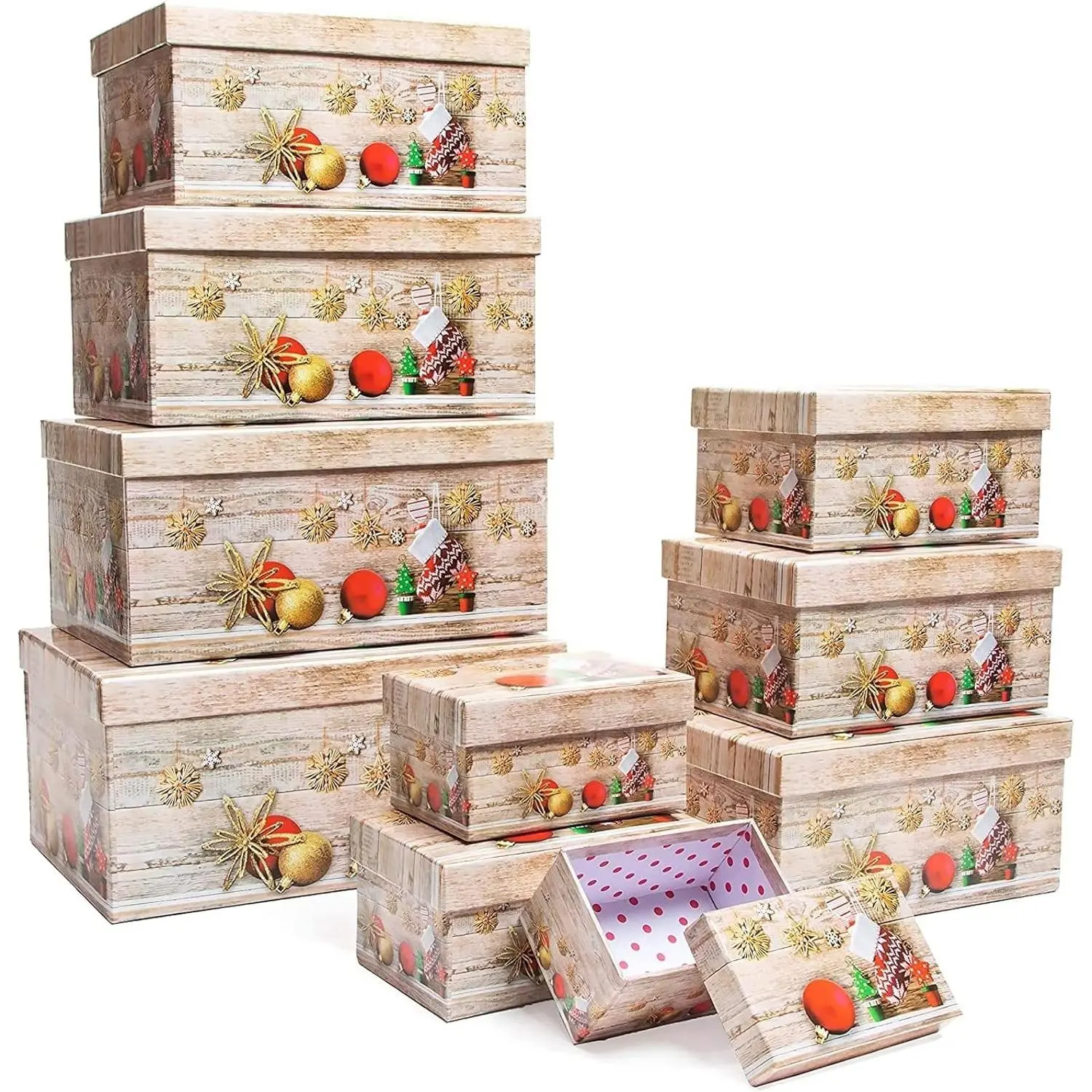 Bright Creations 10 Pack Christmas Nesting Gift Boxes with Lids for Presents, Decorative Nested Holiday Gift Wrap (10 Sizes), Brown