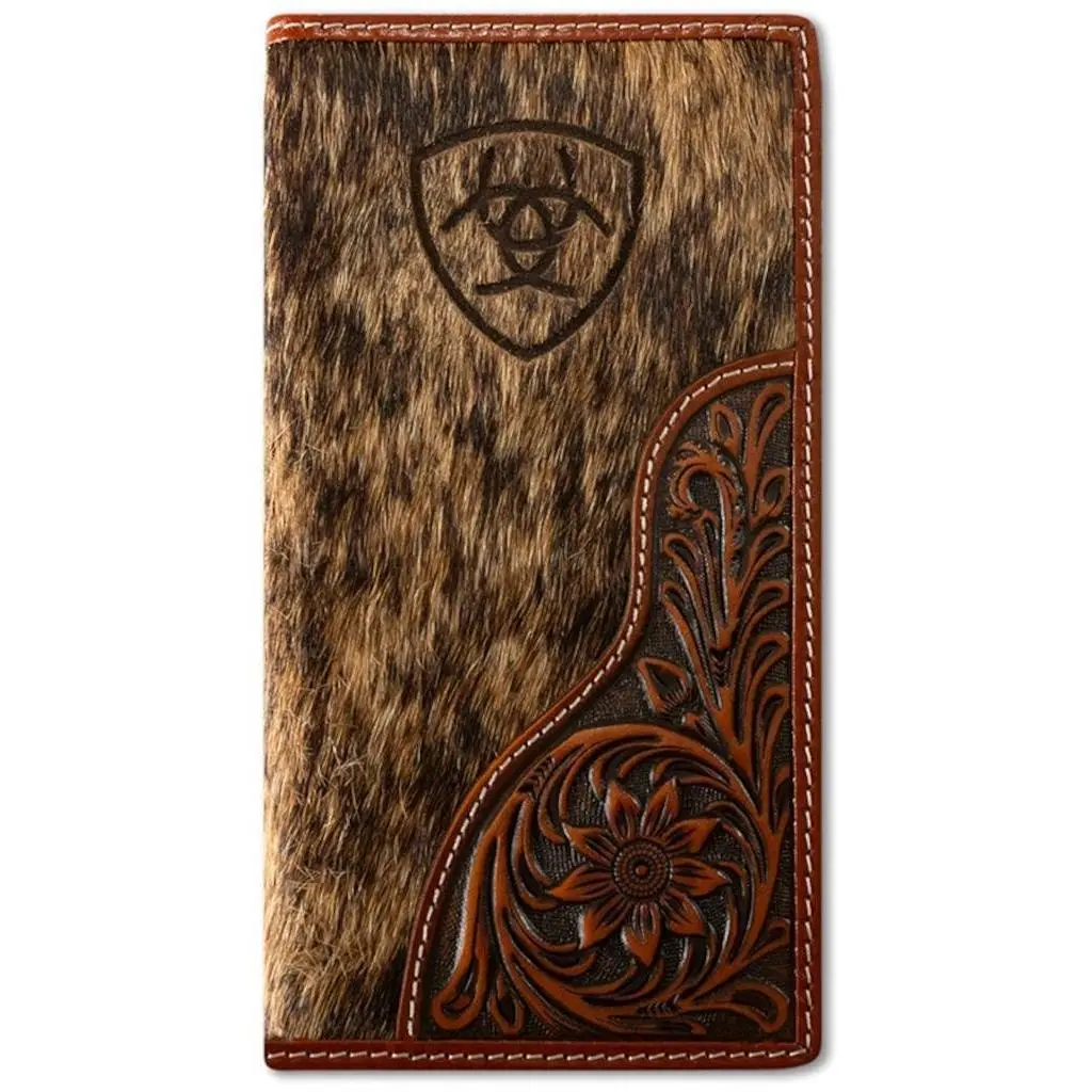Ariat Men’s Genuine Leather Rodeo Wallet - Calf Hair Finish, Floral Overlay, Shield Logo, Men’s Accessories, Stylish Wallets, Mens Wallet, Western Accessories