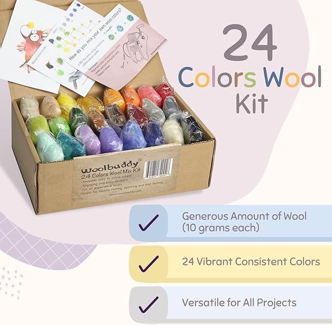 Needle Felting Wool Kit – 24 Colors Mixed Wool Roving for DIY Craft Projects