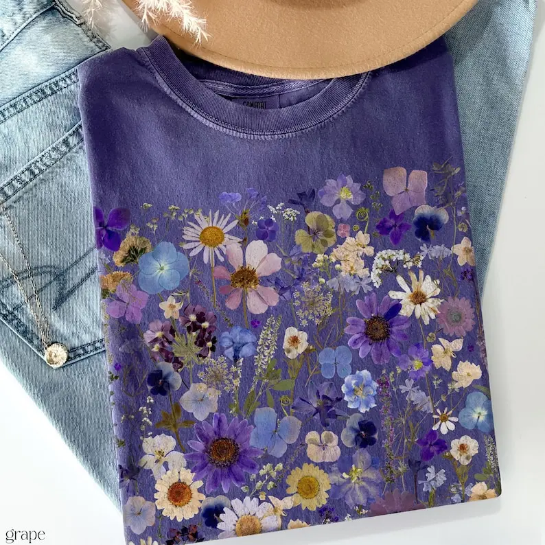 Comfort Colors Vintage Pressed Flowers T-Shirt: Cottagecore Floral Tee