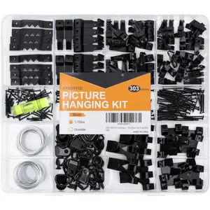 303 count Picture Hangers for Wall Art Decor Tapestry, Picture Hanging Kit With Heavy Duty Wall Hooks, Sawtooth, Picture Wire, D Rings, Hardware Nails, Eye Hooks, Black Frame Hooks for Drywall