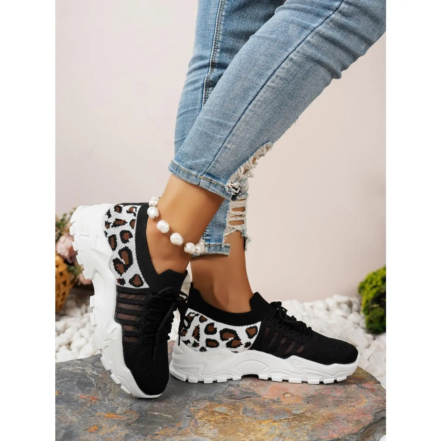 Cutout Leopard Lace Up Mesh Athletic