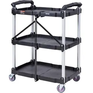 Foldable Utility Service Cart, 3 Shelf 165LBS Heavy Duty Plastic Rolling Cart with Lockable Wheels, Ergonomic Handle, Portable Garage Tool Cart for Warehouse/Office/Home(25.62"x15.43"x32.76")