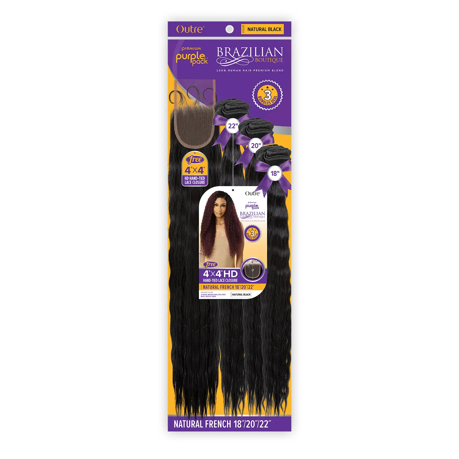 Outre Hair Weave Extensions, Premium Purple Pack Brazilian Boutique, Natural French Human Hair Blend, 18" 20" 22" with 4x4 HD Lace Closure, Tangle-Free, Brazilian Hair Extension, Hair Weft Extensions