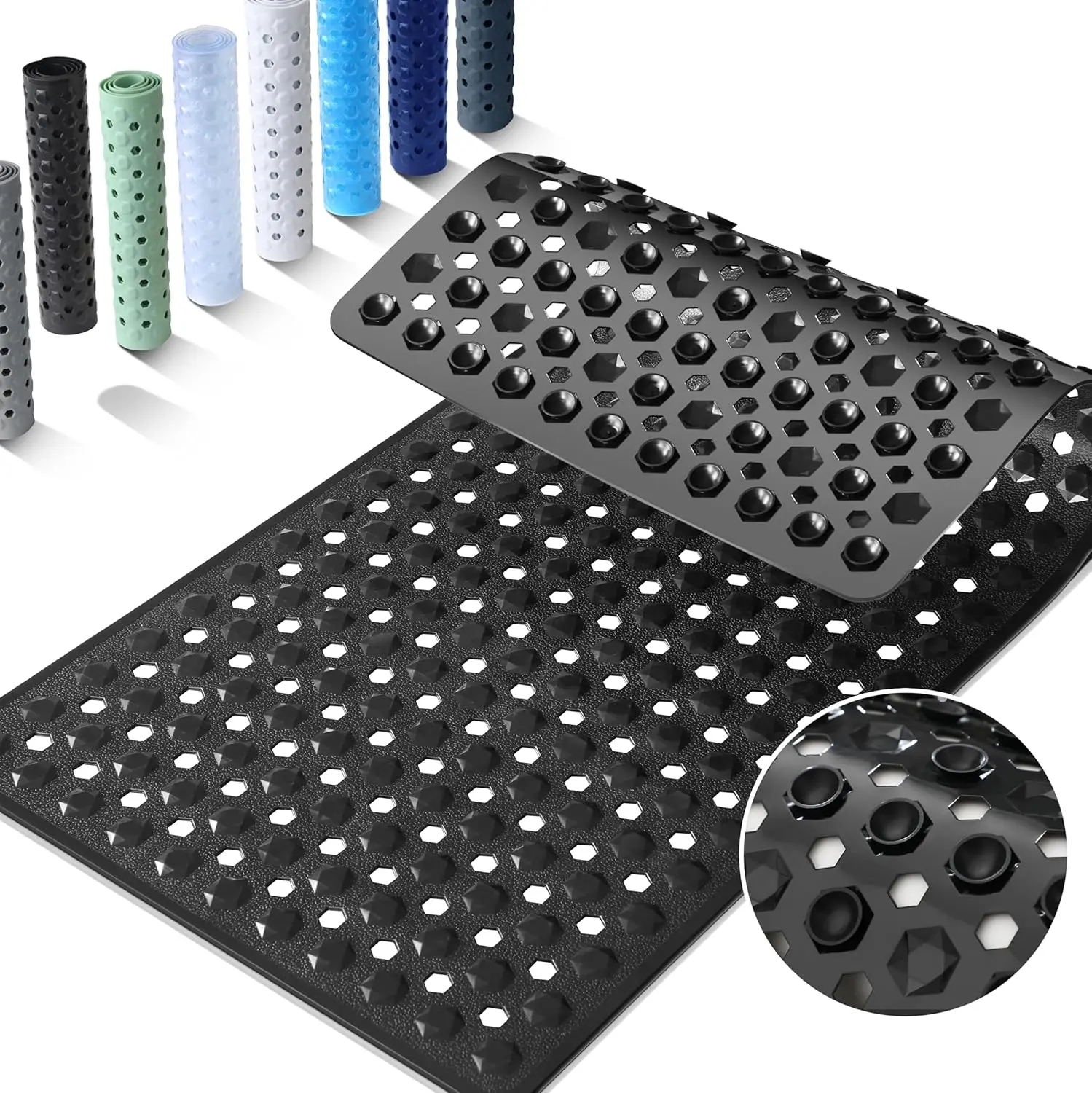 Bathtub Mat Non Slip, 34.5"X15.5" Long Shower Mat for Inside Shower, Machine Washable Bath Mat with Drain Holes & Strong Suction Cups, Soft on Feet, Bathroom Essentials, Black