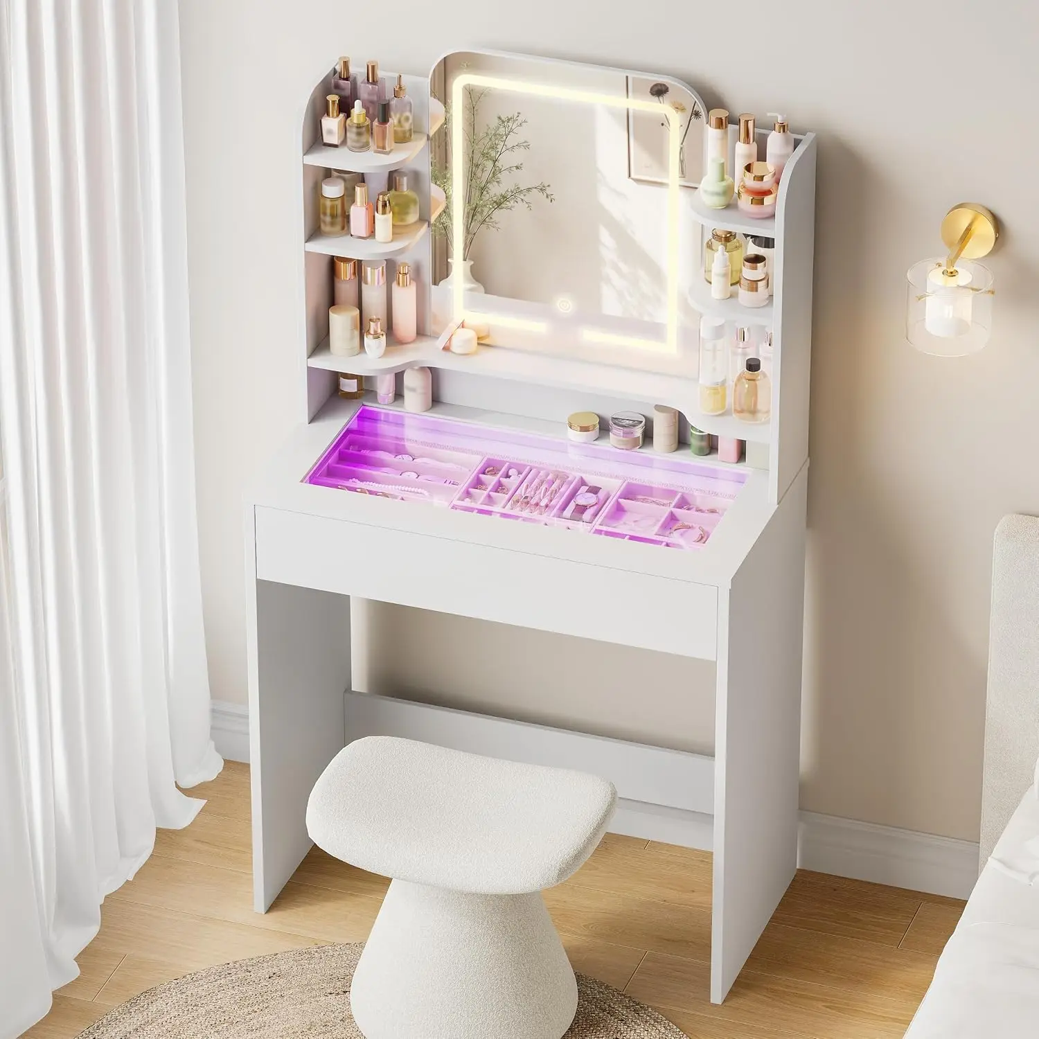 LED Vanity Makeup Table with Tempered Glass Top & Smart RGB Drawer, Mirror with 3-Color Dimming, 5 Shelves, App & Remote Control, Music Sync, 15D x 26.4W x 52H in
