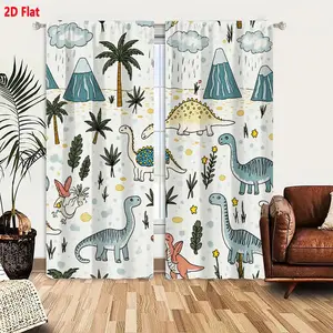 2D Flat  Kids Dinosaur Curtain 2 Piece Set, Prehistoric Cartoon Landscape Design with Dinosaurs, Mountains, and Palm Trees, Light Blocking Blackout Curtains for Bedroom Living Room, Child-Friendly Whimsical Decor