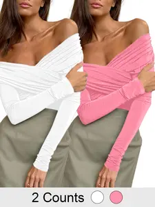 Women's Solid Color Off Shoulder Ruched Thong Design Bodysuit, Elegant Fashion Casual Criss Cross Long Sleeve Bodysuit for Daily Outdoor Wear, Women Clothing Womenswear for Spring Fall