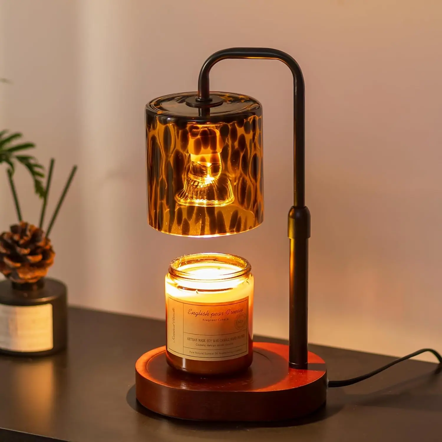 Candeldo Tortoise Shell Home Decor: Black Candle Warmer Lamp with Timer, Vintage Leopard Lamp with 2 Bulbs, Height Adjustable Candle Warmer, Dimmable, Mother's Day Women's Gift
