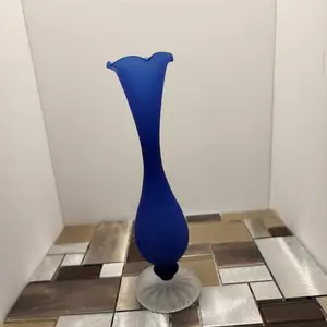 Cobalt Blue and Clear Glass, Frosted Goose Neck Footed Vase, Vintage Home Decor