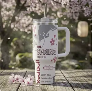Bull Pink & White Edition 40oz Stainless Steel Tumbler With Handle and Straw, Double Wall Vacuum Insulated Travel Mug