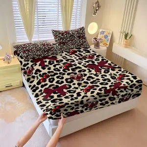 3Pcs Leopard Print Fitted Sheet Set, Bed Sheets Set, Fun Red Cherry & Heart Candy Design on Beige Background, Playful and Stylish Bedding, Bedding Supplies, Soft and Durable Fabric, Ideal for Trendy Bedroom MakeoverIncludes 2 Pillowcases, No Pillow Core