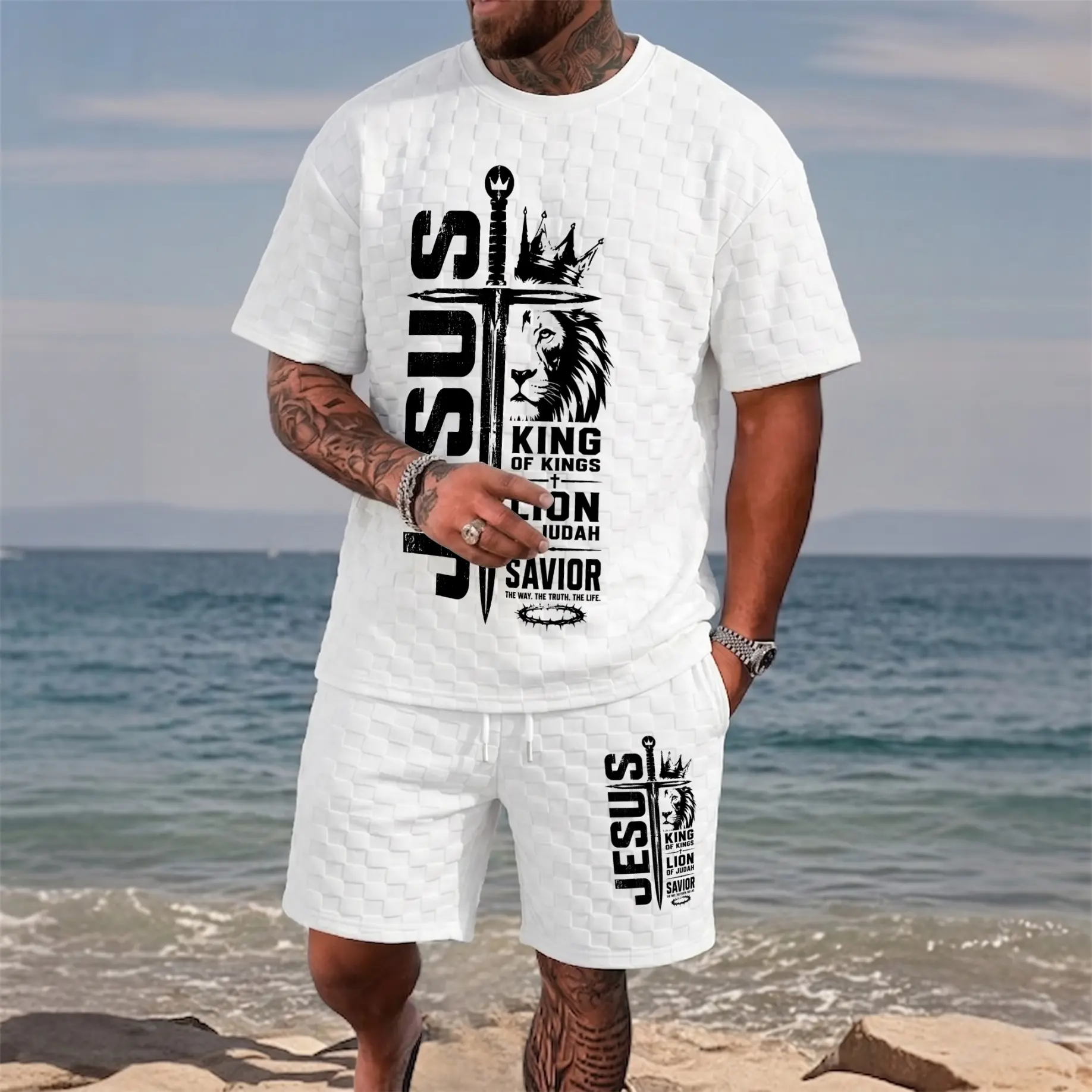Men’s Jesus Lion Of Judah Graphic Textured T-Shirt & Drawstring Shorts Set, Faith Inspired Two Piece Outfit For Daily Wear And Sports