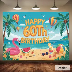 2D Flat, 1pc Tropical 60th Birthday Beach Scene Polyester Banner - Vibrant Palm Trees, Flamingos & Ocean View for Indoor/Outdoor Party Decor, Family Events, Weddings, Birthdays, Christmas, Than
