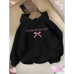 Girls' Autumn Winter Hooded Sweatshirt - Long Sleeve Casual Pullover with "I'm Literally Just a Girl" Print & Pink Bow Detail, Vibrant Red, Regular Fit, Hand Wash/Dry Clean, Sweaters for Girls