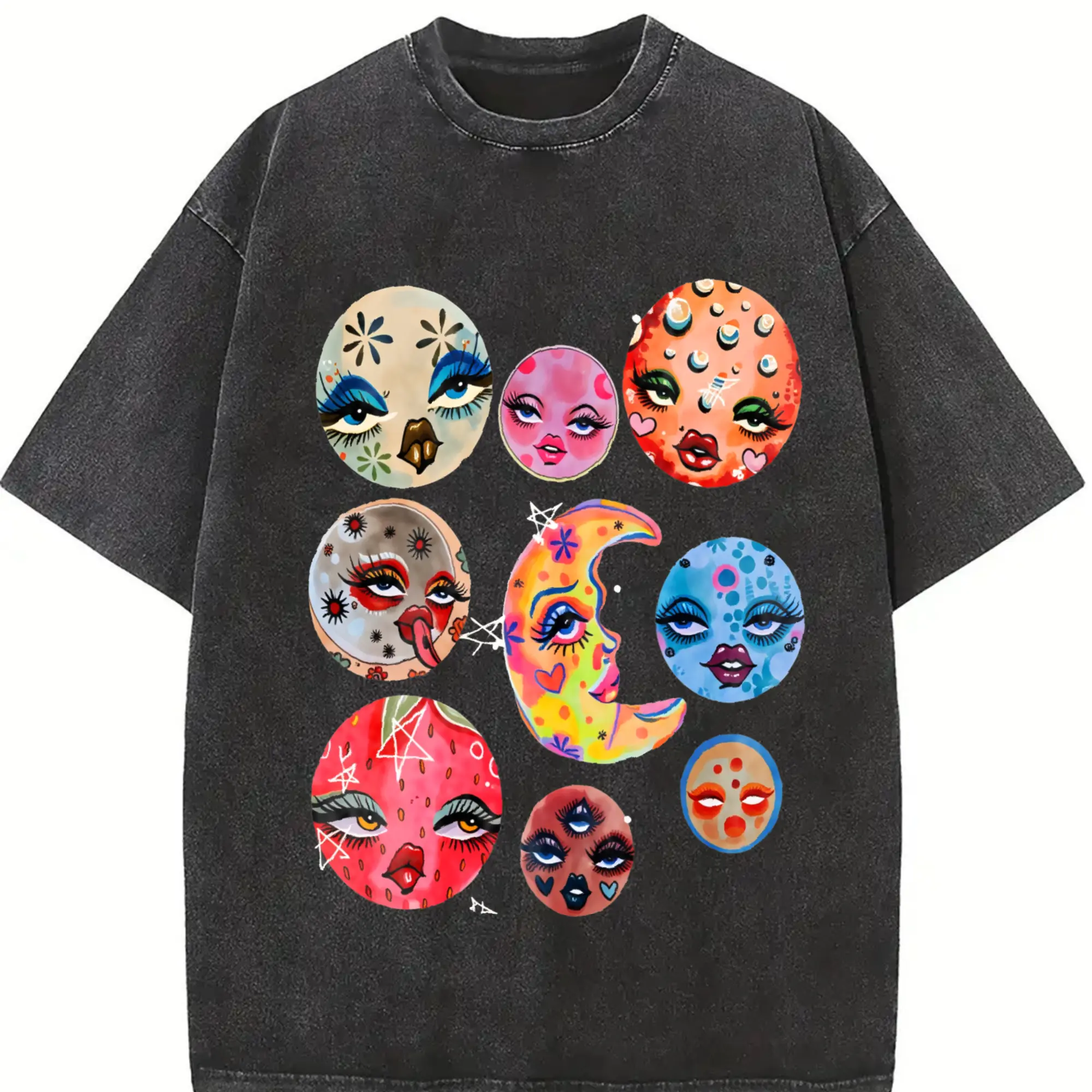 Washed, Cosmic Face Show Printed T-Shirt, High-Quality Batik Vintage Fashion Brand T-Shirt, Women'S T-Shirt, Daily Wear Hits, Holiday Gifts, Perfect Gifts