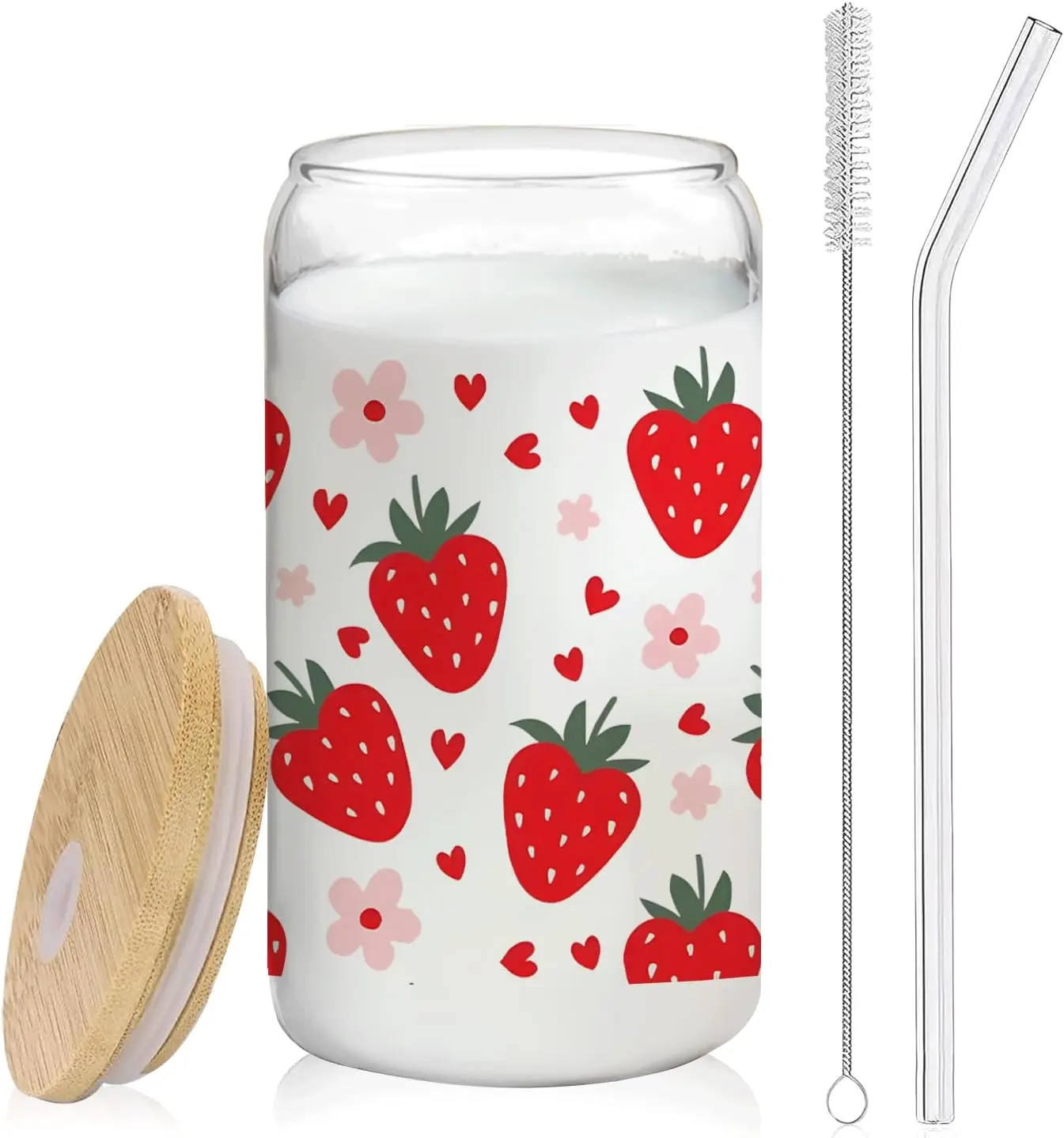 Glass Cups With Lids and Straws, Adorable Iced Coffee Cup for Smoothies Soda Cocktails Juice Tea Latte, Tumbler with Straw Lid for Home Party, 16 oz Drinking Glasses Set (Strawberry Flower)