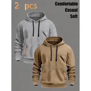 Men's Hoodie Set: Contrast Zipper Pockets, Minimalist Design, Soft Casual Daily Hooded Top