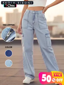 Men's Loose-Fitting Denim Work Pants, Natural Waist Design with Pockets, Zipper Closure, All-Season Street Style Jeans