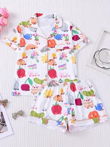 Women's 2-Piece Casual Pajama Set, Pyjamas - Cute Cartoon Food Print Short Sleeve & Shorts, Skin-Friendly & Breathable Sleepwear, Turn-Down Collar Button-Down Design with Pocket, Loose & Comfortable Wearable Outside, Summer