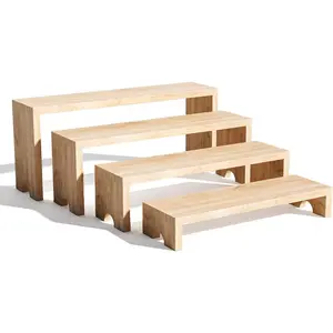 4 Tier Large Display Wooden Riser Stand 1 Set Decorative Rectangular Wood Racks 4 Pieces Stackable Perfume Organizer Cologne Stand Wood Dessert Table Display Set for Vendor Events (Wood color, 4PCS)