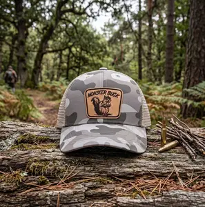 Monster Buck Hunting Hat | Camo Trucker Cap with Deer Patch | Mesh Snapback Outdoor Hat for Men