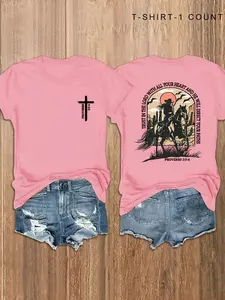 Western Style Graphic Print Round Neck T-Shirt, Cool Denim Silhouette, Casual Fitted Design, Daily Wear, Wild Atmosphere, Simple Cross Mark