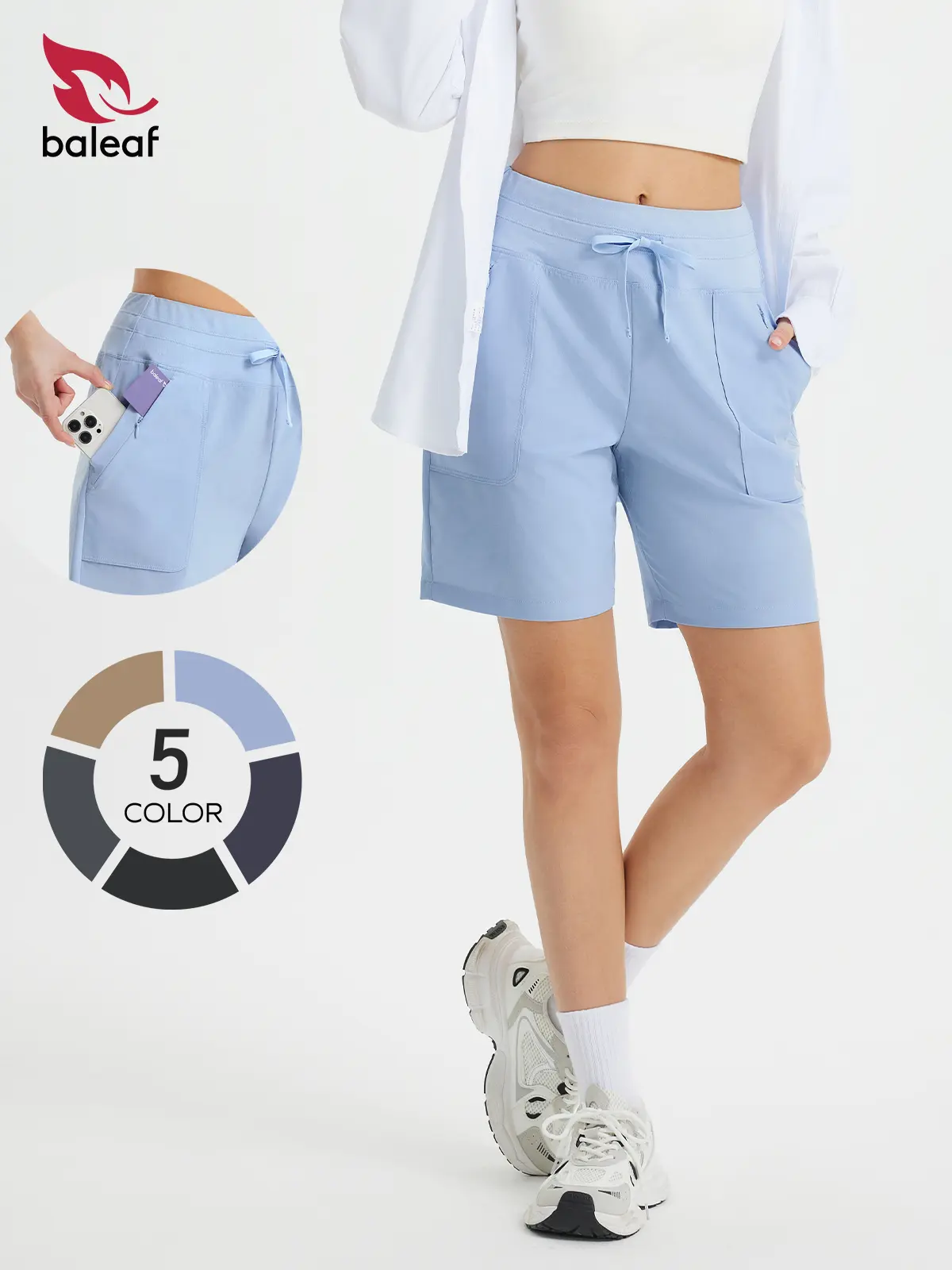 BALEAF Women's 7" High Waisted Athletic Shorts Quick Dry UPF 50+ Workout Shorts with 4 Zipper Pockets Comfortable Stretch Tummy Control Shorts for Running Hiking Walking Golf Travel Everyday Wear