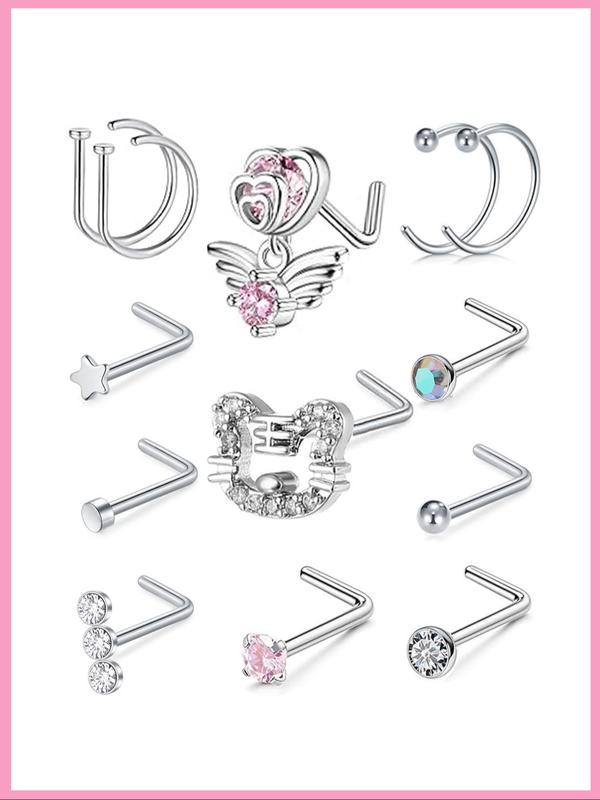 Women's 20g Nose Ring Stud Earrings, Surgical Steel Nose Stud with Shiny Cz Flower Design, Heart Butterfly Floral Patterns, Nose Piercing Jewelry