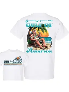 Classic unisex cotton t-shirt with the graphic print "Greetings from America's Patriotic Gulf," established in 2025. Full size, full colors, for men and women.