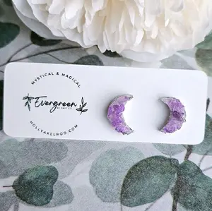 Evergreen by HAXEco Moon Shaped Crystal Earring Studs - Handmade with Clay Base, Hypoallergenic Stainless Steel Post, Silver or Gold Border, Casual Earrings