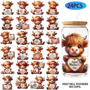 UV DTF Transfer Stickers - 24 Pieces/Set Happy Mother's Day Highland Cow Theme UV DTF 16OZ DIY Transfer Stickers Suitable For 16 Oz Water Bottle Glass Jar Laptop Computer Home Decor DIY High Viscosity Transfer Paper Decorative Stickers