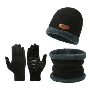 Winter Warm Knitted Hat Three-Piece Set Non-Slip Touch Screen Gloves Padded Thickened Wool Scarf Hat for Cold Weather