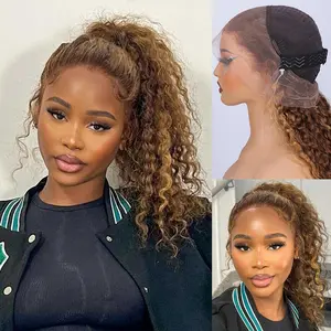 Honey Blonde  Strap 360 Drawstring Wigs Human Hair Pre Plucked Pre Bleached 220 Density Water Wave Full Lace Wig 20 inch