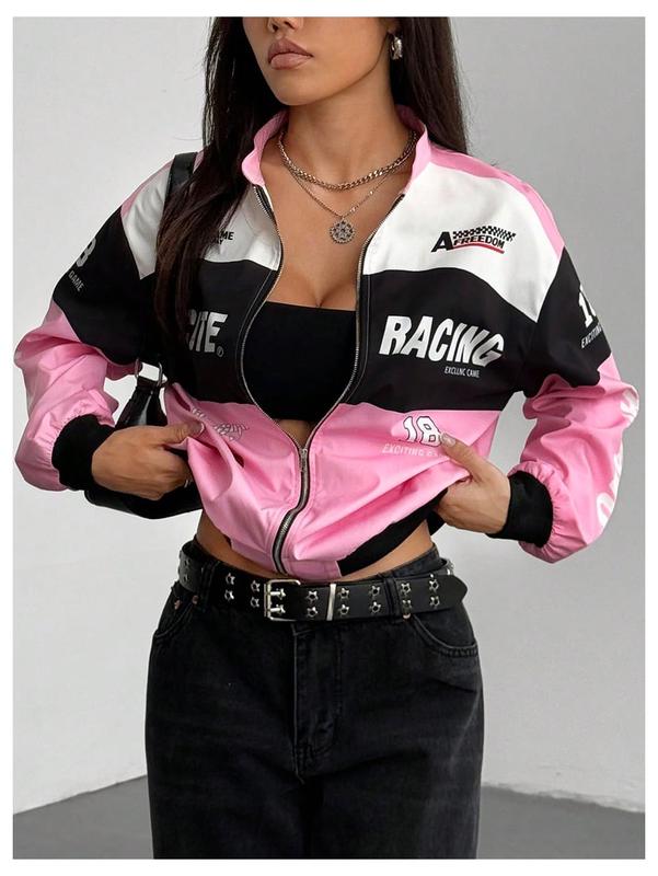 Spring Bomber Jacket Long Sleeve Zip Up Racing Jackets Color Block Y2k Outerwear Vintage Streetwear