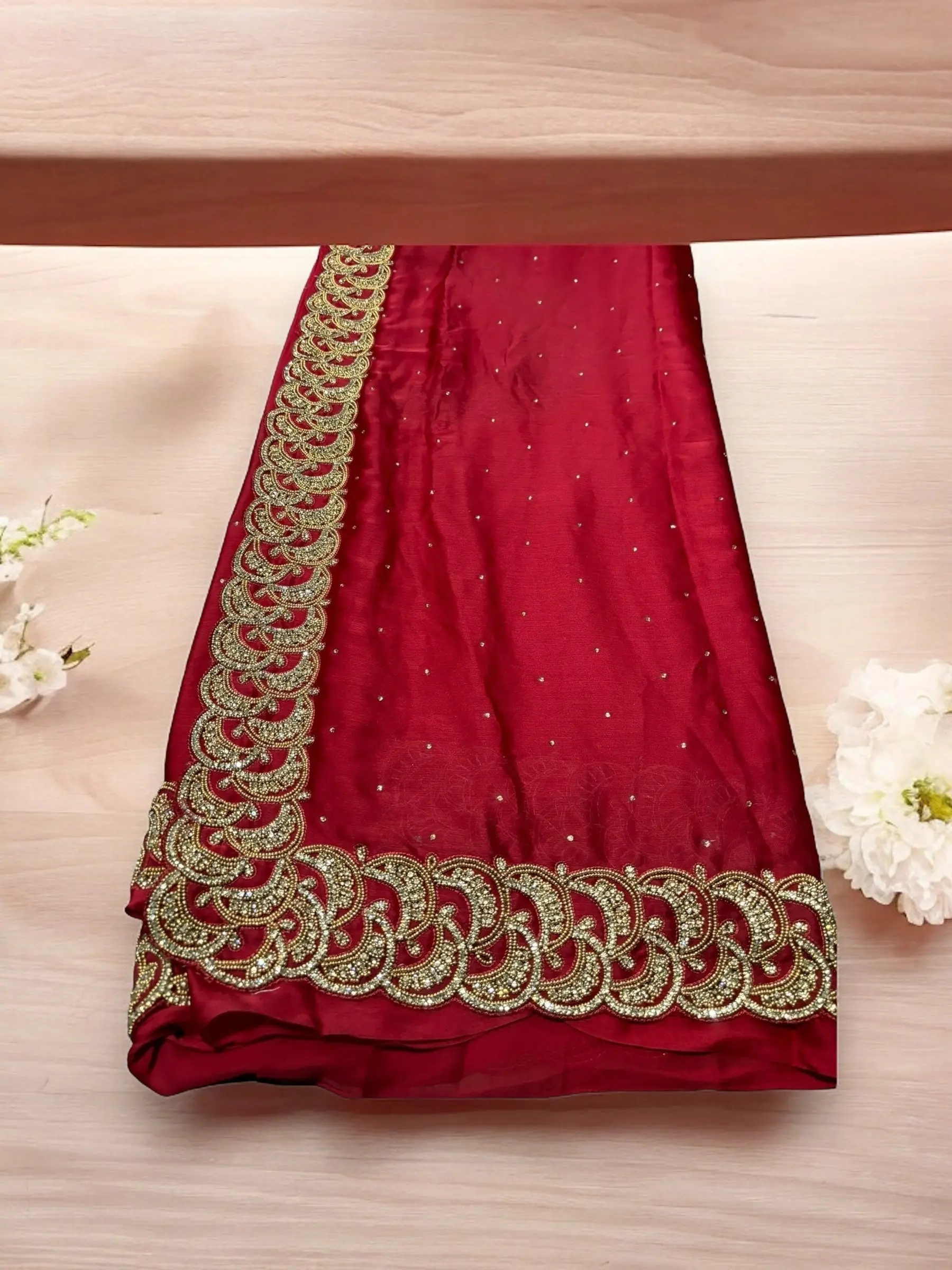 Wine Red- Designer Handwork Saree With Stones- Indian Ethnic Wear for Women