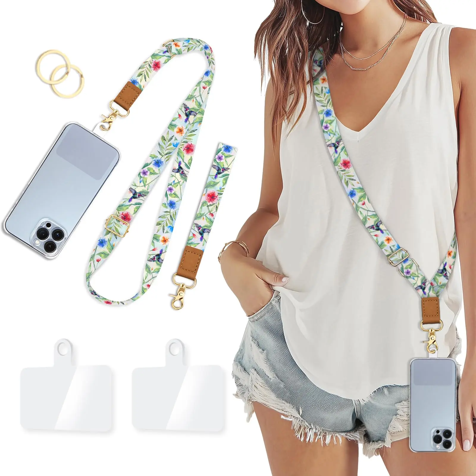 Cell Phone Lanyard with Wrist Strap, Adjustable Crossbody Phone Lanyard for Phone Case, Universal Hands-Free Phone Strap with Tether Tabs for iPhone, Samsung, Keys & ID Badge