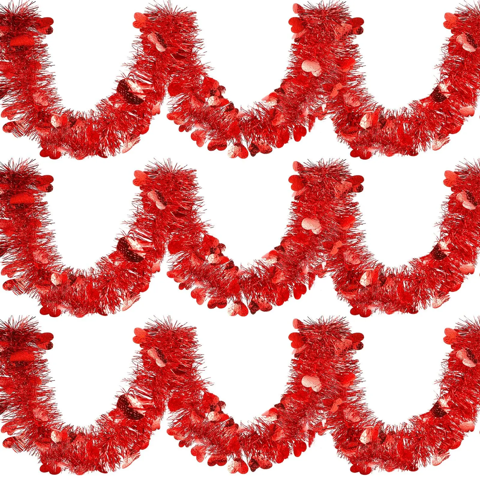Metallic Red Heart Tinsel Twist Garland Set - 6 Pack, Valentine's Day Festive Home Party Decoration