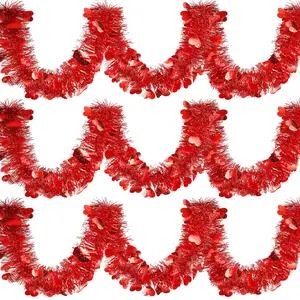 Metallic Red Heart Tinsel Twist Garland Set - 6 Pack, Valentine's Day Festive Home Party Decoration