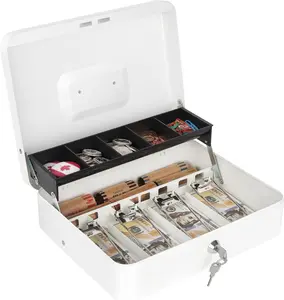 Cash Box with Lock and Money Tray, Metal Lock Box for Cash, Cash Register - 11.8" x 9.4" x 3.54" White