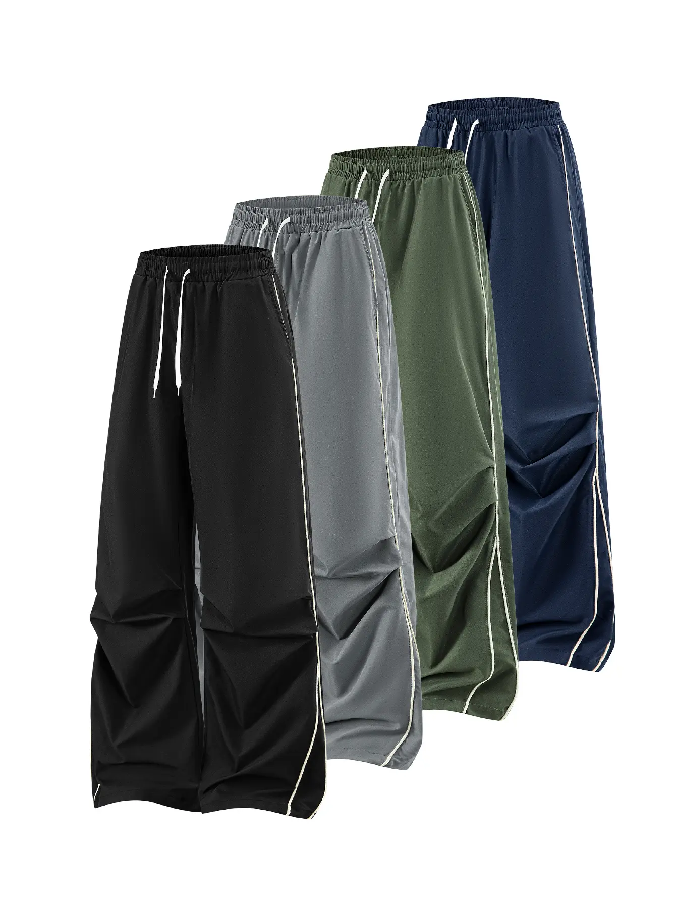 Men's Polyester Baggy Parachute Pants - Striped Drawstring Wide Leg Menswear, Classic Outdoor Vibe Streetwear for Summer Vacation, Casual Sport & Outdoor Wear