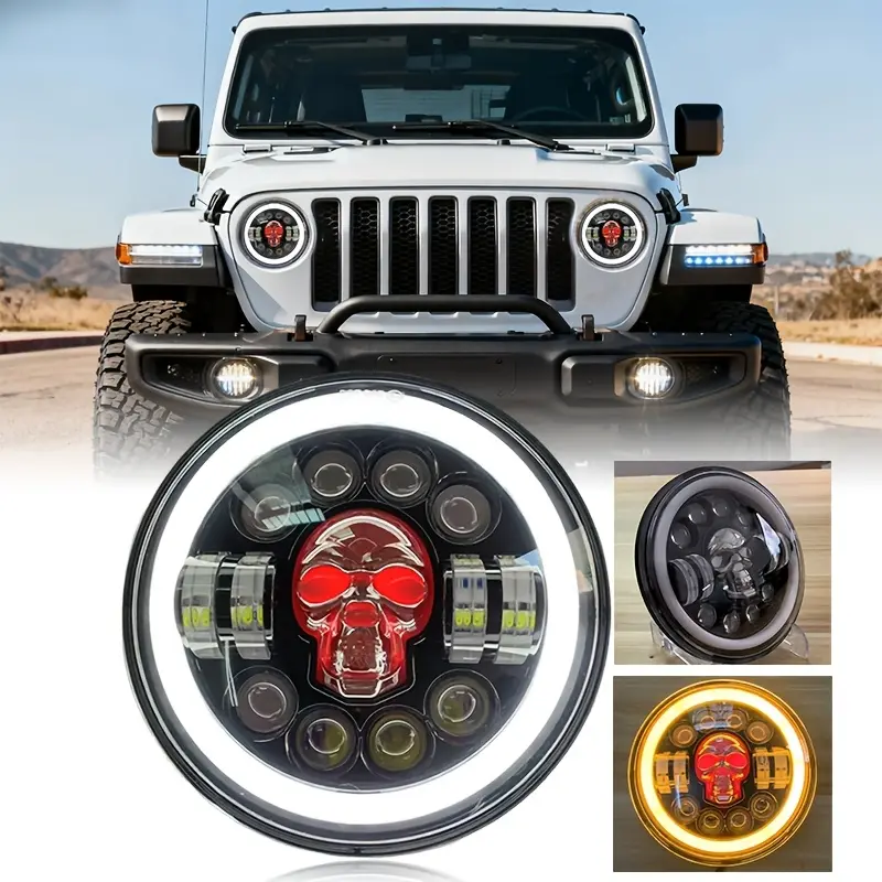 7-Inch Harley-Style Headlight Modification Accessory — New RGB Skull-Themed Light for Off-Road Vehicles and Jeep Wrangler Upgrades