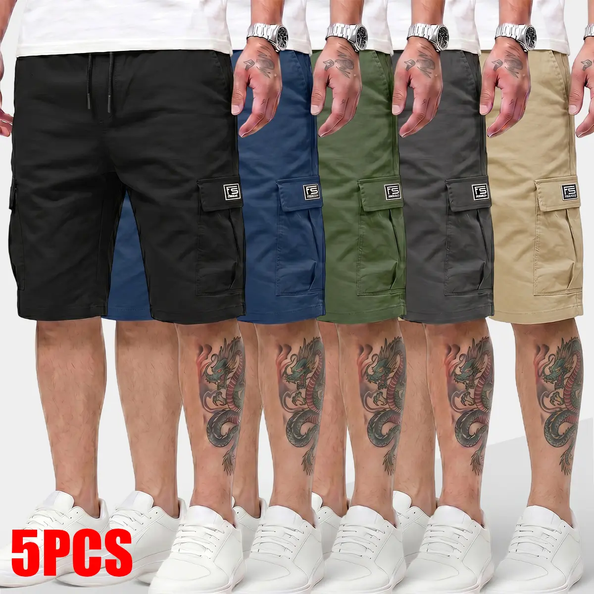 Men's 5" Cargo Shorts in Breathable Polyester, Casual Loose-Fit with Elastic Waistband and Deep Pockets, Non-Iron for Travel & Everyday Wear, Black + Gray + Blue + Army Green + Khaki, Menswear