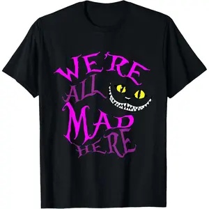 Cheshire Cat - We& # 39;re All Mad Here T-Shirt Graphic tees Retro Double-Sided Water Wash Vintage Metalcore Y2K Streetwear Tee graphic tee funny graphic tee