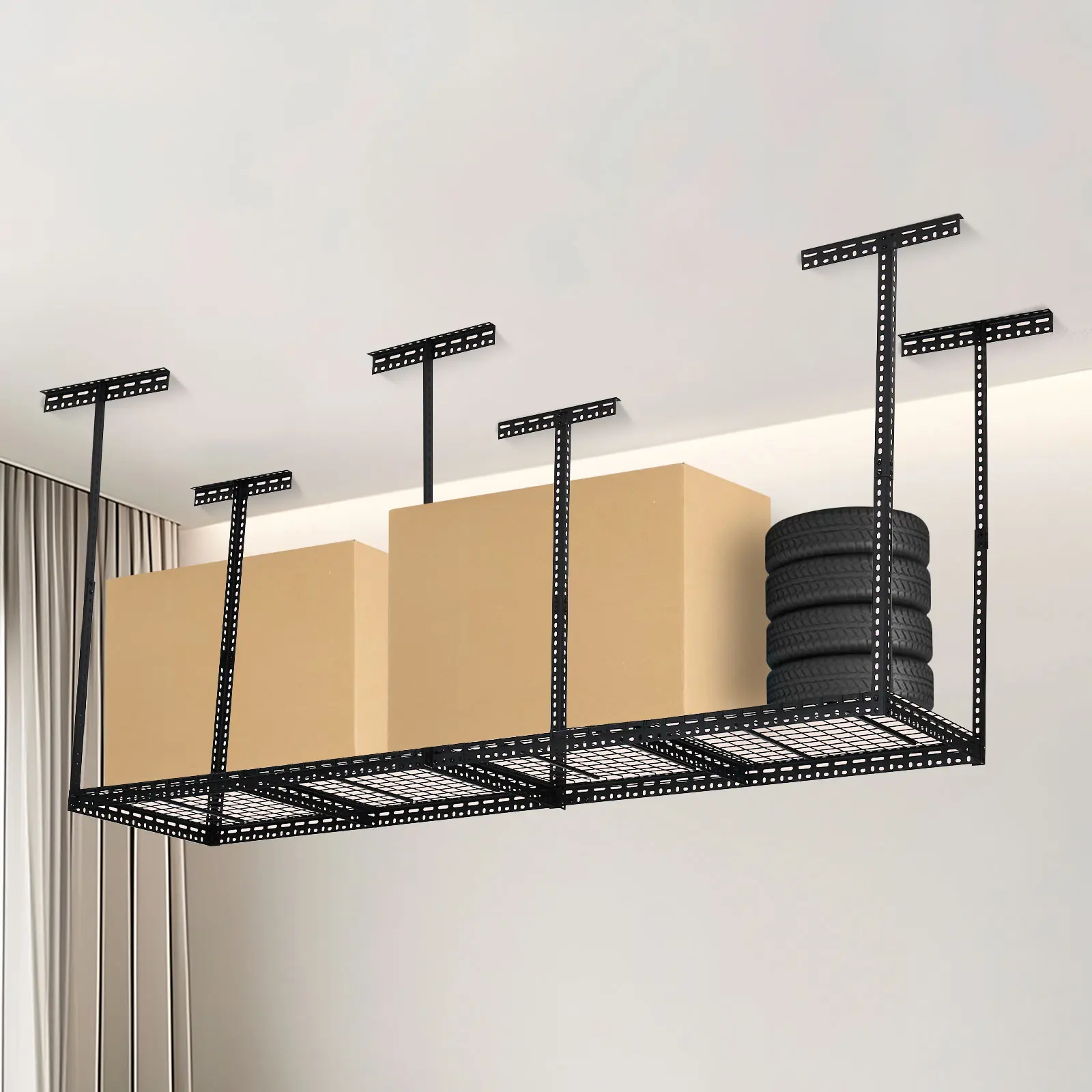 Heavy-Duty Overhead Garage Storage Rack – Adjustable Ceiling Mounted Organizer System – Steel Construction – 330-660lb Capacity – Space-Saving for Garage, Basement, Warehouse – Sizes: 2x8, 4x6, 4x8 FT, Metal