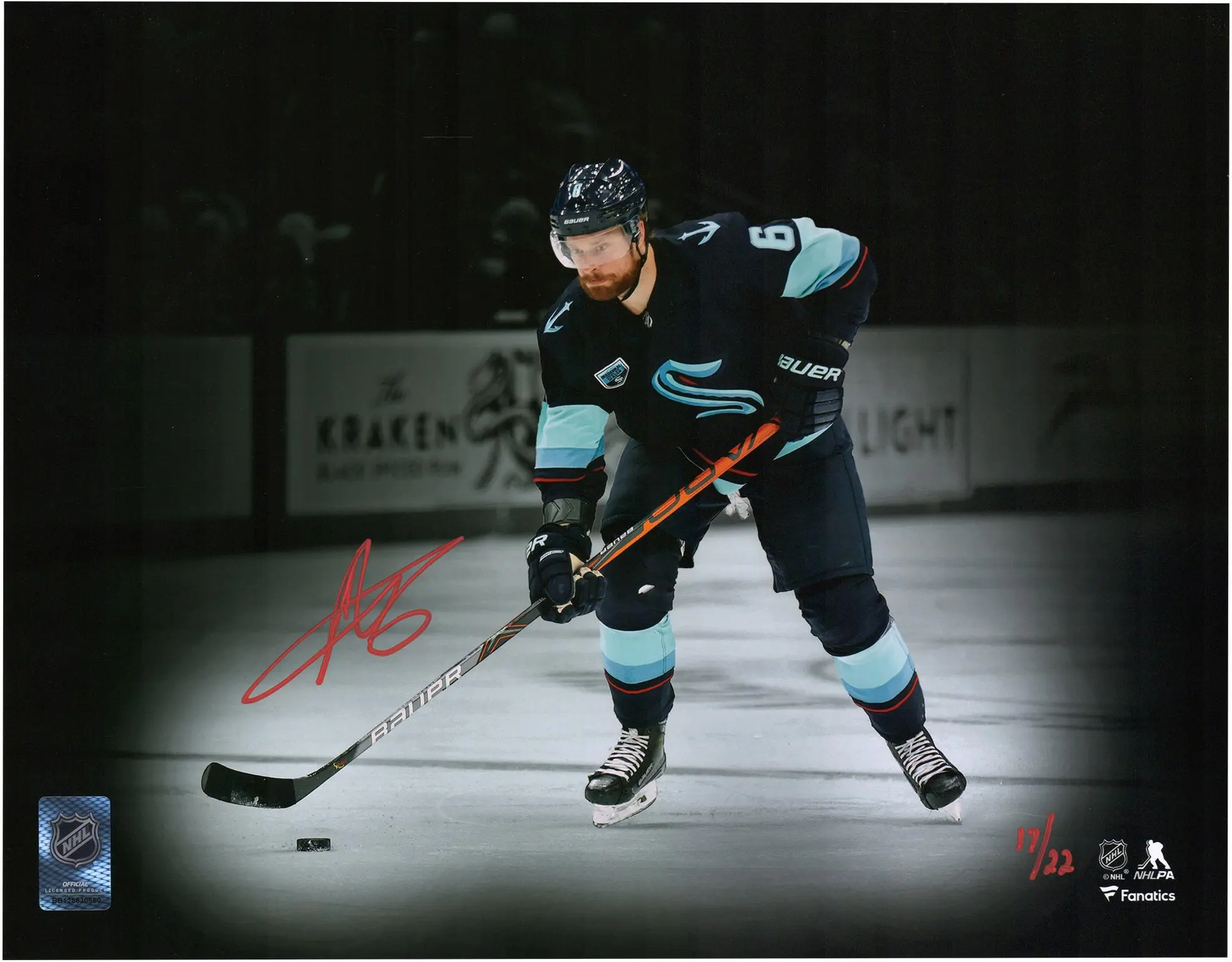 Adam Larsson Seattle Kraken Autographed 11" x 14" Navy Jersey with Puck Spotlight Photograph - Limited Edition of 22 - Fanatics Authentic Certified