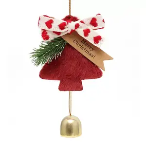 Christmas Bell Hanging On The Tree Vintage Rustic Bell Set Shabby Chic Holiday Decor with Red Bow and Gold Bell